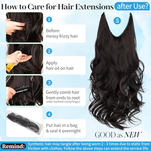 KooKaStyle Invisible Wire Hair Extensions 20‘’ Long Wavy Layered Synthetic Clip in Hair Extensions with Transparent Wire Adjustable Size 6 Secure Clips Dark Brown Thick Hairpieces for Women 20 Inch