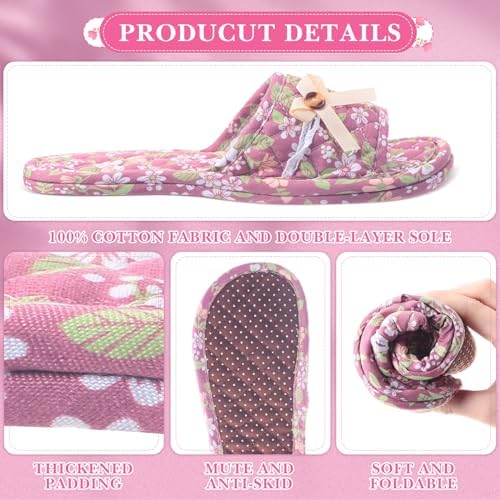 6 Pairs Floral Cotton House Slippers for Women Soft Open Toe Indoor Washable Portable Foldable Comfortable Hotel Travel Airplane Spa Guest Slippers