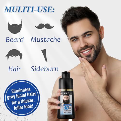 Men's 3-in-1 Black Beard & Hair Dye Shampoo, Instant Grey Darkening Beard Color Shampoo in 10 Minutes, Simpler Gray Reducing Mustache & Beard Dye for Men, with Plant Extract for Healthy Facial Hair