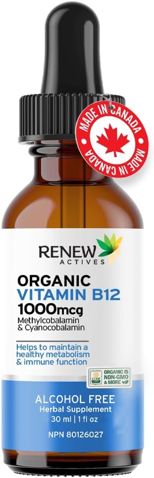 Renew Actives Premium B12 Liquid Extract Supplement 1000MCG per 1 ml – Vegan Drops with High-Potency Complex for Healthy Skin, Strong Nails, Vibrant Hair & Immune Support– Made in Canada - 30 ml