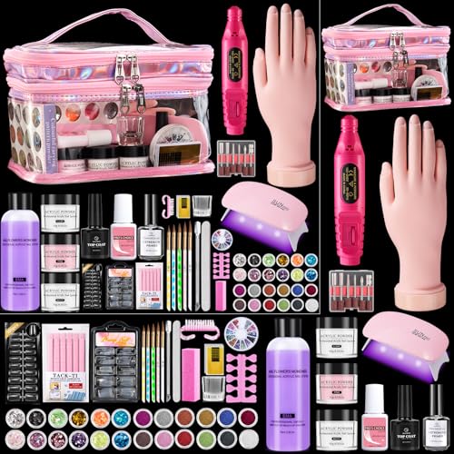 Nail Kit for Beginners with Everything: Professional Nail Acrylic Powder Liquid Set with Practice Hand Drill U V Light in Cosmetic Bag for Women Salon Home (Pink)