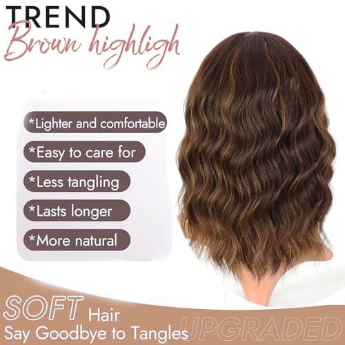 ENTRANCED STYLES Brown Highlight Wig with Bangs for Women Short Wavy Curly Brown Bob Wigs Medium Length 14 inch Synthetic Hair for Daily Party Use