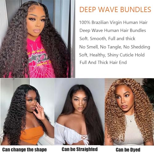 Deep Wave Human Hair Bundles - 20/22/24 Inch Deep Curly Brazilian Virgin Wet & Wavy Bundles - 3 Pack 12A Human Hair Extensions