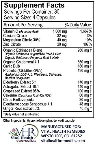 VHR Wellness Complex Immune Boosting Formula with Echinacea, Goldenseal, Garlic, Probiotics, Elderberry, Astragalus, Grapeseed, Cayenne, Bioflavonoids, Eleuthero, Ginger, VIT. C, Zinc. 120 Veg caps