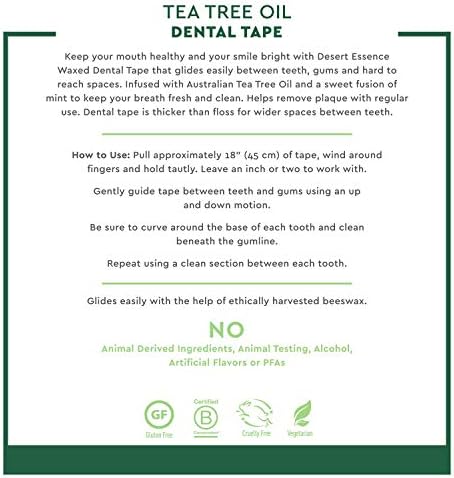 Desert Essence Tea Tree Oil Dental Tape - 30 Yards - Pack of 6 - Naturally Waxed w/Beeswax - Thick Flossing No Shred Tape - On The Go - Removes Food Debris Buildup - Cruelty-Free Antiseptic