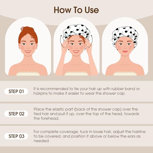 Shower Cap, Flexible Adjustment Shower Caps for Women Reusable Waterproof Cute ShowerCap with Bow Non-Slip Large Hair Cap for Shower