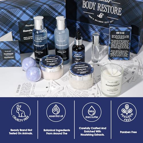 PEARLWORLD Bath Set with Ocean Scented Spa Gifts for Men, Christmas Birthday Self Skin Care Set for Men, Spa Gift Baskets for Him, 12Pcs Men's Spa Kit Gifts for Bath Spa