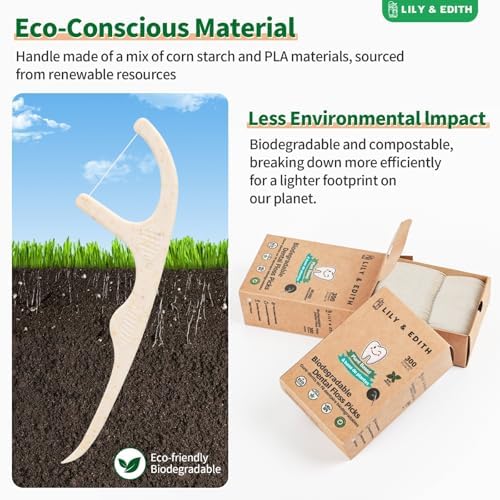 LILY & EDITH Plant Based Dental Floss Picks Adults and Kids 300 Counts, Fluoride-Free, Plant Based Straw Wheat, Earth Friend, Zero Waste Package, Shred Resistant (Unflavored)