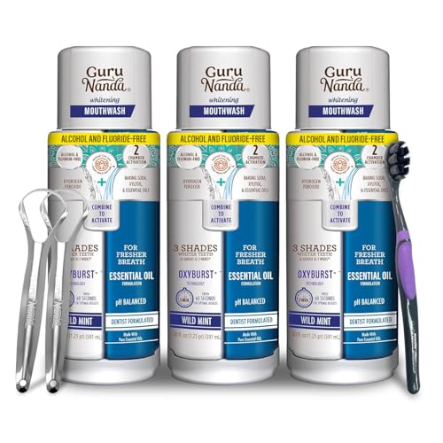 GuruNanda Teeth Whitening Dual Barrel Oxyburst Mouthwash - Alcohol & Fluoride Free, Hydrogen Peroxide to Promote Whiter Teeth - Wild Mint - 3x20 Fl Oz