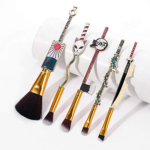 Demon Anime Makeup Brushes Set - 5pcs Kimetsu Yaiaba Peripheral Makeup Brushes Nezuko Tanjirou Metal Handle Makeup Tools Gift for Fans