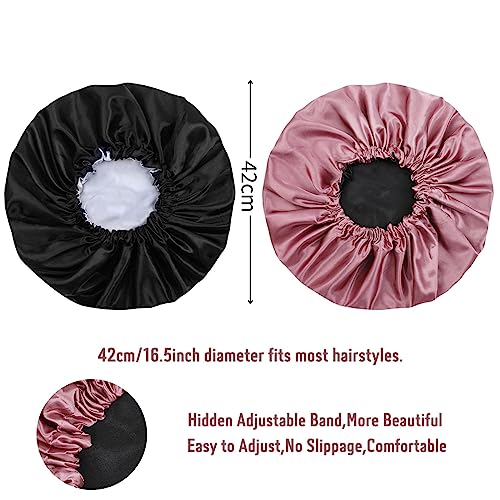 Satin Bonnet Silk Hair Cap: 2pcs Double Layer Reversible Extra Large Jumbo Adjustable Satin Lined Stainless Oversized Bonnets Sleep Night Cap No Slip-Off for Women Braids Sleeping (Black+Rosegold)