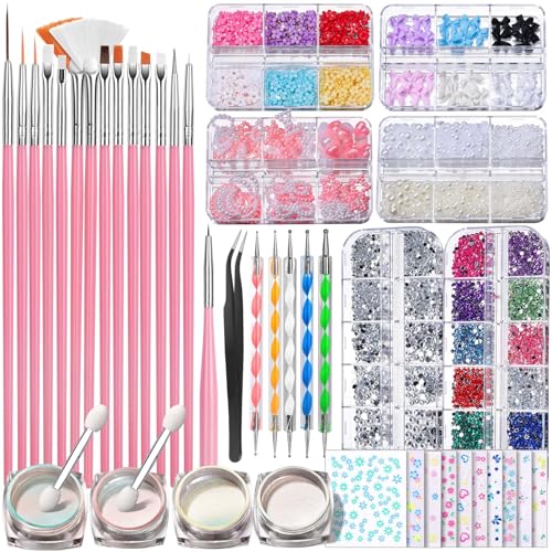 FANDAMEI Nail Art Brushes Set, Nail Art Kit, Nail Design Kit, Nail Dotting Tools, Nail Kit for Beginners, Chrome Nail Powder, Nail Stickers, Nail Rhinestones, Nail Charms Gems Nail Art Decoration Kit