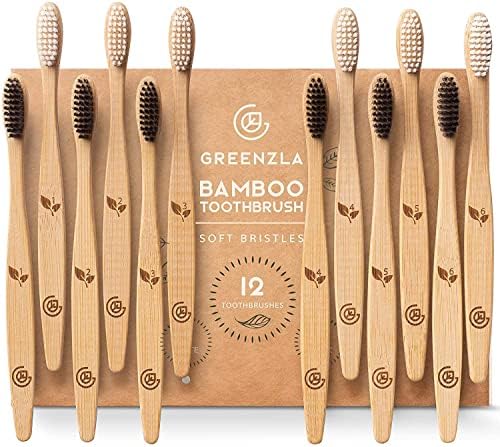 Greenzla Bamboo Toothbrushes for Adults – 12 Pack Wooden Toothbrush Set with Charcoal-Infused Soft Bristles, Natural Oral Care for Daily Use