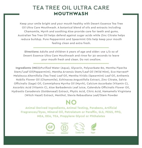 Desert Essence Natural Tea Tree Oil Ultra Care Mouthwash - Mega Mint - 16 Fl Oz - Freshens Breath - Defends Against Sugar Acids - Vitamin C - Soothes Gums - Whitening Floss - Removes Food Debris