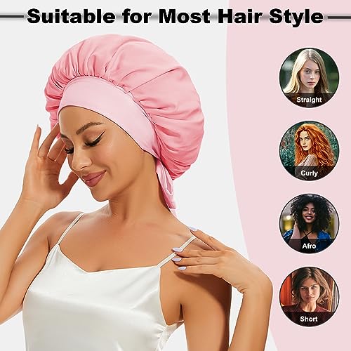 Silk Bonnet for Sleeping, Satin Hair Bonnets Large Sleep Cap for Women, Hair Wrap for Curly Hair Afros with Tie Band (Pink)*