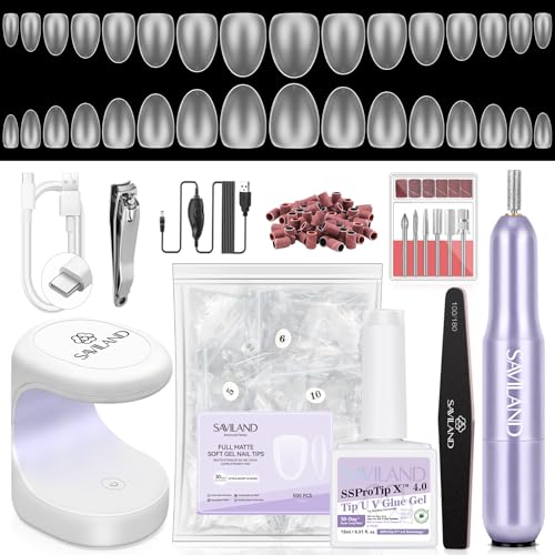 SAVILAND Advanced Gel Nail Kit Almond: 15 Sizes Extra Short Almond Nail Tips with Nail Drill & U V Lamp 500 Pcs Salon Grade Full Matte Nail Tips 30-Day Long Lasting Home DIY Beginner