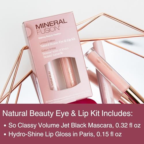 Mineral Fusion Lip Gloss + Mascara Makeup Kit, Natural Beauty Eye & Lip Duo, So Classy Voluminous Mascara in Jet Black & Shiny, Nourishing Pale Pink Lip Gloss, 2 Piece Make Up Gift Set for Women