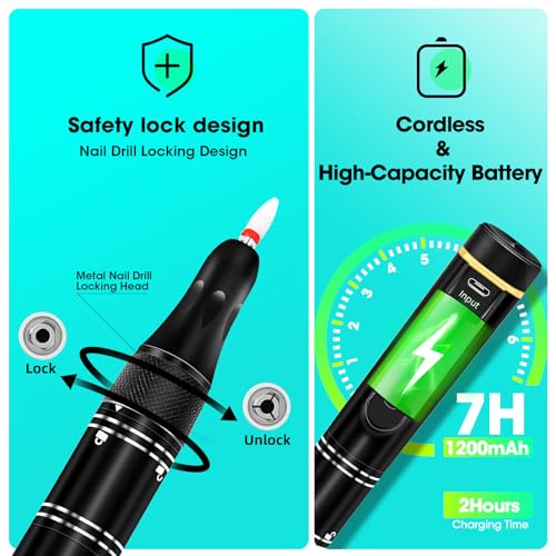 Nail Drill Cordless 35000RPM Rechargeable Professional Electric Nail Drill Kit Wireless Nail File Drill Acrylic Drill for Acrylic Gel Nails Manicure Pedicure Polishing Remover