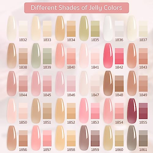GAOY Jelly Gel Nail Polish Kit, 33Pcs Sheer Pink Gel Polish Set with Glossy & Matte Top Coat and Base Coat for Nail Art DIY at Home, Mint Jelly