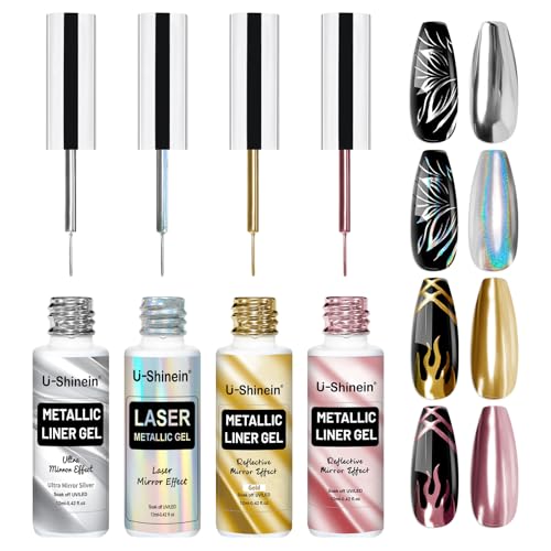 4x12ml Metallic Mirror Painting Liner Gel Polish Set, Mirror Chrome Holographic Laser Effect Painted Nail Polish, Metal Drawing Striper Gel Build in Thin Brush Nail Art Manicure Set