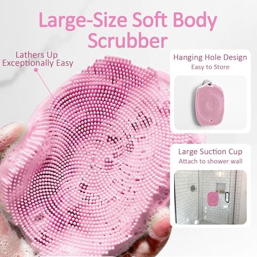 Soft Silicone Body Scrubber Gentle Like a Hand Exfoliating Your Skin and Build Up Lather Easily, Back Large Suction Cup Easy to Store, Long-Lasting & Deep Clean (Pink)