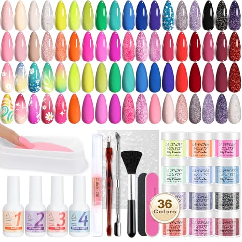 Lavender Violets 48 Pcs Dip Powder Nail Kit Starter, 36 Colors Pink Red Yellow Green Blue with Dip Powder Liquid Set and Essential Manicure Tools for Nail Art Designs B950