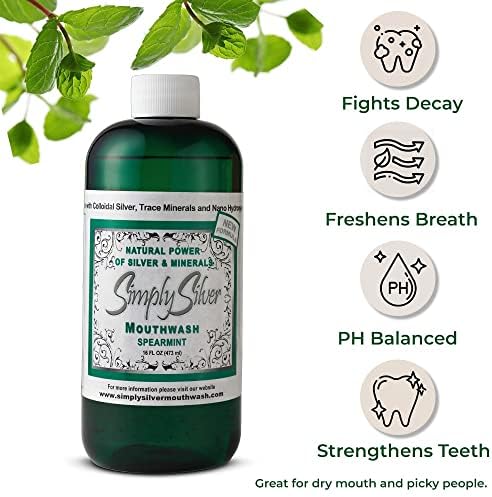 Simply Silver Mouthwash Spearmint Flavor- Nano Hydroxyapatite Formula, All Natural Colloidal Silver Mouthwash Chemical, Alcohol, Fluoride, and BPA Free, 16 oz