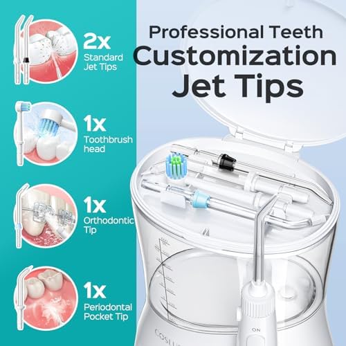 COSLUS Electric Water Flosser for Teeth, Professional Dental Pick for Orthodontic, Sensitive Gums, Braces - 12 Pressure Settings & 5 Multi-Functional Tips for Multiple Users, Home Use, White
