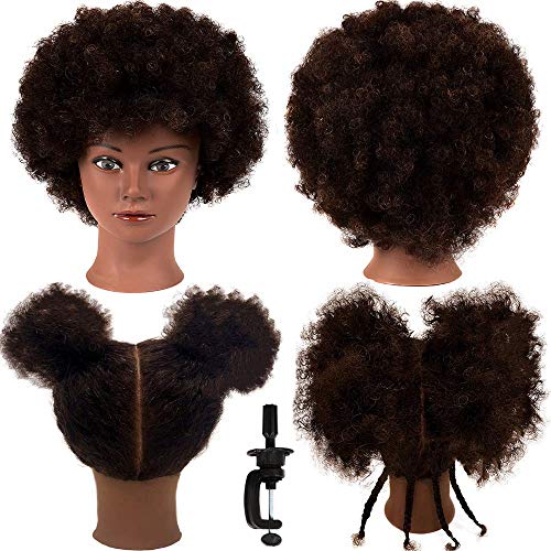 MORRIS 10” Human Hair Training Afro Mannequin Head – Short Curly Hair for Beginners to Practice Braiding, Cutting, Styling – Includes Clamp