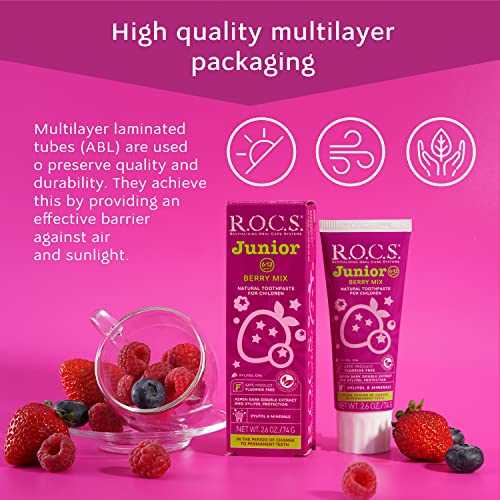 R.O.C.S. Junior Toothpaste - Enamel Whitening Teeth Gum Protection - for Children 6-12 Years Old - Safe to Swallow - Natural, No Fluoride or Sulfate (Berry Mix, Pack of 1)