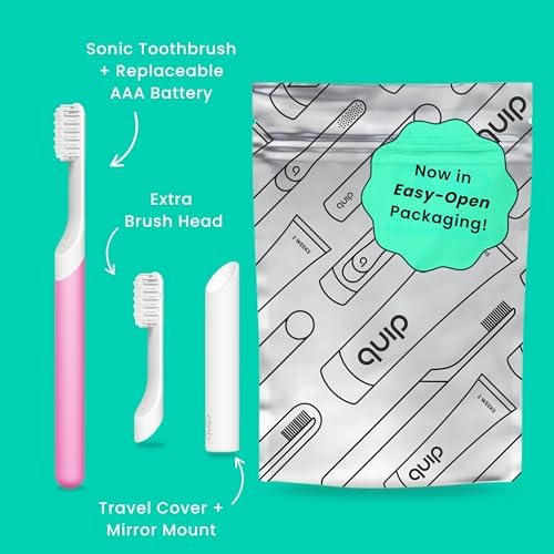 Quip Sonic Toothbrush for Adults with Timer - Includes Extra Brush Head and Travel Cover Mount - Electric, Soft Bristle Refill Head, Plastic Handle, 3 Month Battery Life - Travel Toothbrush - Magenta