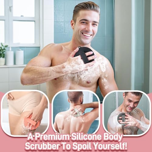Silicone Face/Body/Back Scrubber Set, 15.35’’ Soft Back Scrubber for Shower with Dual-Side Brush Head, Silicone Body Scrubber Facial Scrubber with Dense Bristles and Non-Slip Handle(Pink-3PCS)
