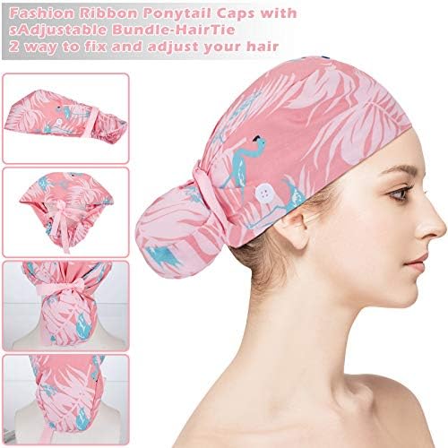 Honoson 6 Pcs Scrub Caps Women Nursing Hats with Buttons Adjustable Bouffant Nurse Hats Ponytail Holder Bouffant Turban