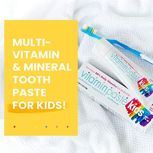 Kids Toothpaste with Daily Multivitamins B3, B5, B6, D, E, Xylitol, Calcium, Fluoride Free, Fresh Breath, Fights Tarter, Anti-Cavity, Safe to Swallow, 4.1oz, Bubble Gum Flavor