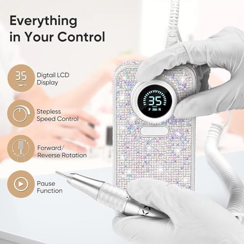 Upgrade Pro Nail Drill | Diamond Shine| 35000RPM High Tech Acrylic Fast Removal Electric Nail File | 6 Nail Drill Bits | Nail Tech Salon Use Manicure Pedicure