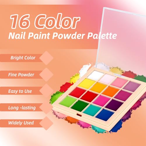 Nail Pigment Powder Palette Set, 16 Colors Ombre Nail Powder Palette with 100pcs Sponges & Tweezers French Aura Nails Ombre Nail Brush Nail Long-lasting Manicure Art DIY Accessories