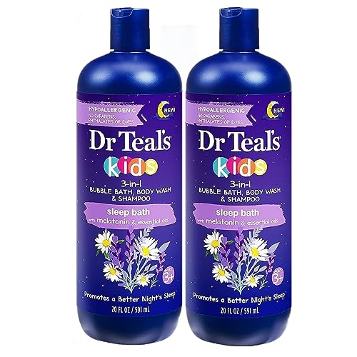 Dr. Teals Kids 3 in 1 Foaming Bath Gift Set (2 Pack, 20oz Ea) - Kids 3 in 1 Bubble Bath, Body Wash & Shampoo with Melatonin & Pure Epsom Salt - Essential Oils Nourish Skin - Hypoallergenic Formula
