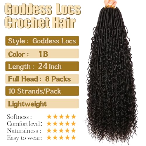8 Packs Goddess Faux Locs Crochet Hair-24 Inch Boho Soft Locs Crochet Hair for Black Women (#1B, 24 Inch(Pack of 8))