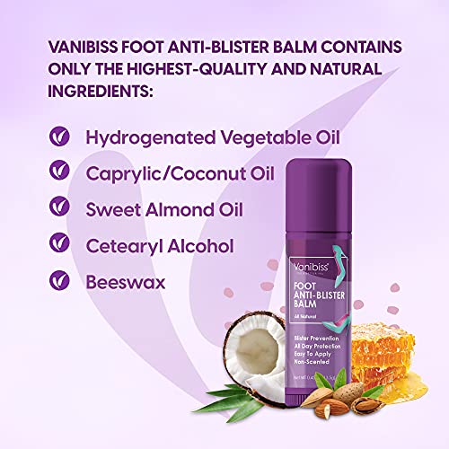 Vanibiss Foot Anti-Blister Balm - Foot Blister Prevention - Anti-Friction Balm Stick & Chafing Relief for Feet - Heel Blister Blocker - Prevent Shoe Strap Friction - Natural Care for Feet (0.45oz)