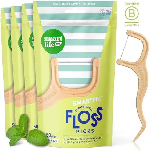SmartLifeco Biodegradable* Dental Floss Picks - Thin Thread Tooth Flossers for Adults & Kids, Eco-Friendly Handle, Straw Wheat Toothpick Soft on Gum & Teeth, Compostable* Zero Waste Vegan, 200 Mint