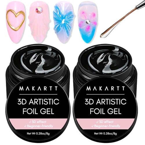 Makartt 3D Nail Foil Glue, 2Pcs 8ml Nails Transfer Gel Adhesive for Linear, Shell, Ripple Designs, UV LED Lamp Required