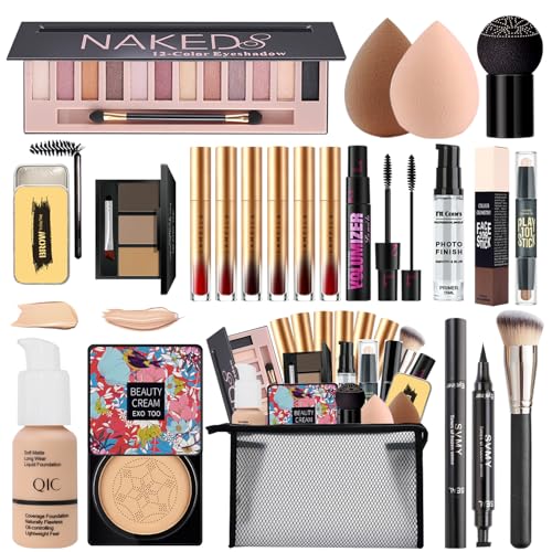 All in One Makeup Kit,Includes Naked Eyeshadow,Liquid Foundation,CC Cream,Lipstick Set,Mascara,Makeup Brush,Makeup Sponge,Eyebrow Powder,Eyebrow Soap,Eyeliner Stamp, Primer,Contour Stick,Cosmetic Bag
