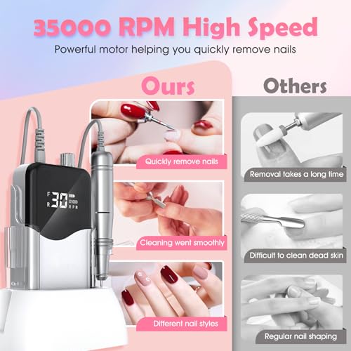 Nail Drill, Portable Rechargeable Tool Kit with 35000RPM Electric Nail File and LED Display for Manicure, Pedicure, Salon, Home, DIY (White)