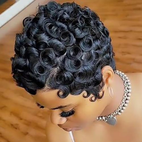 Short Pixie Cut Wigs for Black Women Synthetic Hair Afro Pixie Wig Black Color Short Wigs for Black Women Short Curly Pixie Wigs for Women (Natural Black)