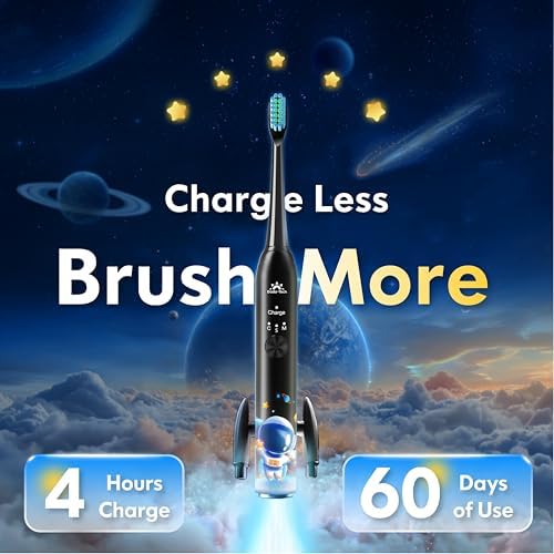 Kids Electric Toothbrush Rechargeable Age 3-5-6-12-18 Year Old, Sonic Toothbrush Kids with Timer 3 Modes 4 Vibrating Heads Habit Stickers Tooth Brush for Girls Boys and Childrens (Astronaut Black)