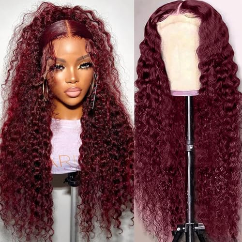 99j Burgundy Lace Front Wigs Human Hair 28 Inch Deep Wave Lace Front Wigs Human Hair Pre Plucked Red Curly Human Hair Wig 13x4 HD Colored Frontal Glueless Wet and Wavy Loose Deep Wave