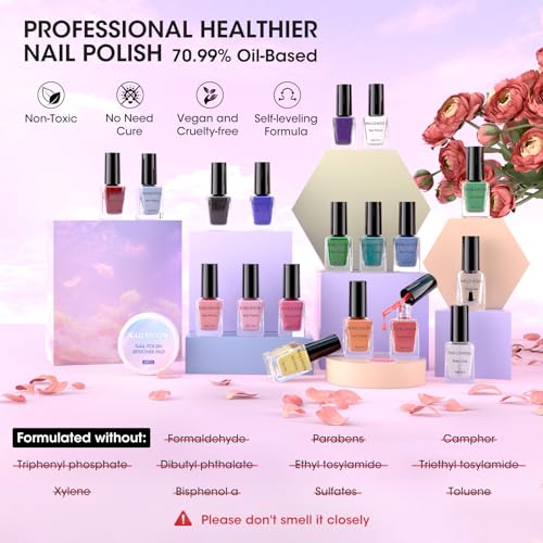 Nail Polish | 16 Colors Rainbow White Air Dry Regular Nail Polish Set with Base Top Coat & Remover Pads Spring Summer Classic French Fingernail Polishes Non-gel Bulk Gift for Nail Art Lovers