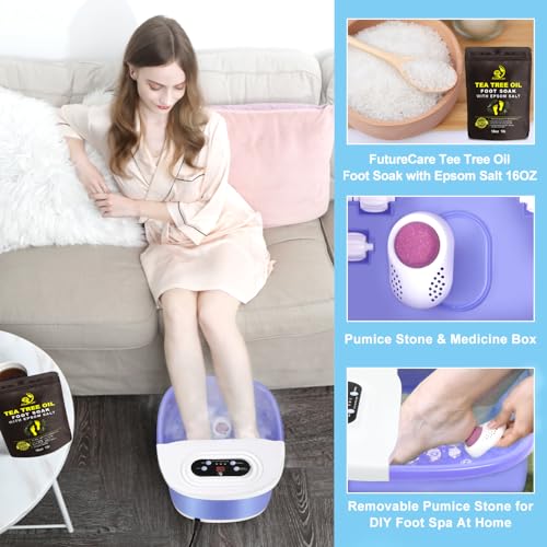 Foot Spa Bath Massager with Heat Bubbles and Vibration Massage and Jets, 16 OZ Tea Tree Oil Foot Soak Epsom Salt, Foot Soaker with Red Light, 22 Massage Rollers, Adjustable Temp -Purple
