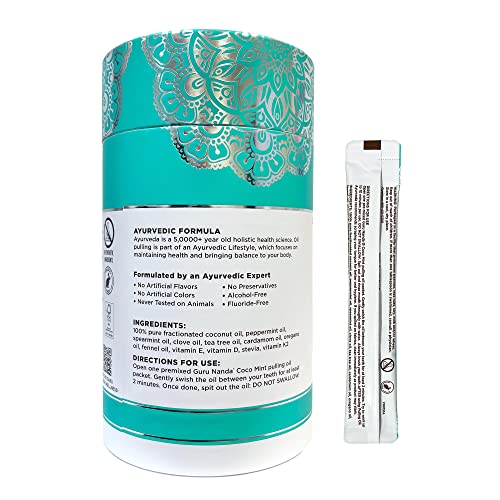 GuruNanda Travel Sachets Coconut Oil Pulling, Fresh Breath Mouthwash, 7 Essential Oils & Vitamins for Happy Teeth & Gums, 28 Sachets