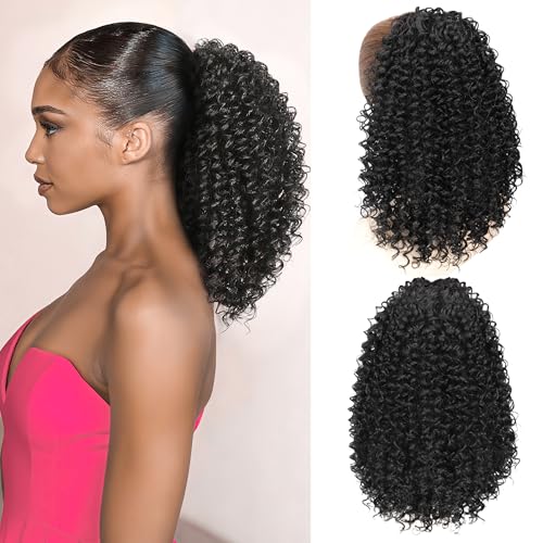 Ponytail For Black Women Drawstring Ponytail Curly Hair Short Ponytail Extension Pony tails Drawstring Hair Pieces Human Hair Feeling For Daily Use (#1B)